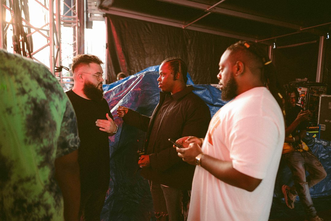TV crew members discussing during live broadcast